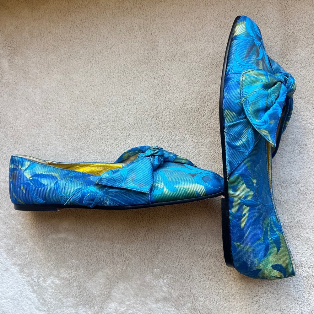 Mondi Accessoires Women‎ 8 Blue Leaf Print Bow Square Point Toe Flats Designer